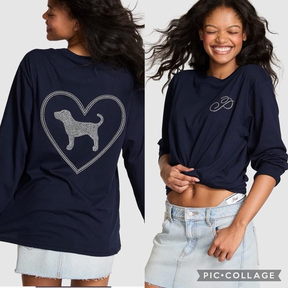 PINK Victoria's Secret Tops - PINK Victoria's Secret Navy Heart Dog Long Sleeve Tee